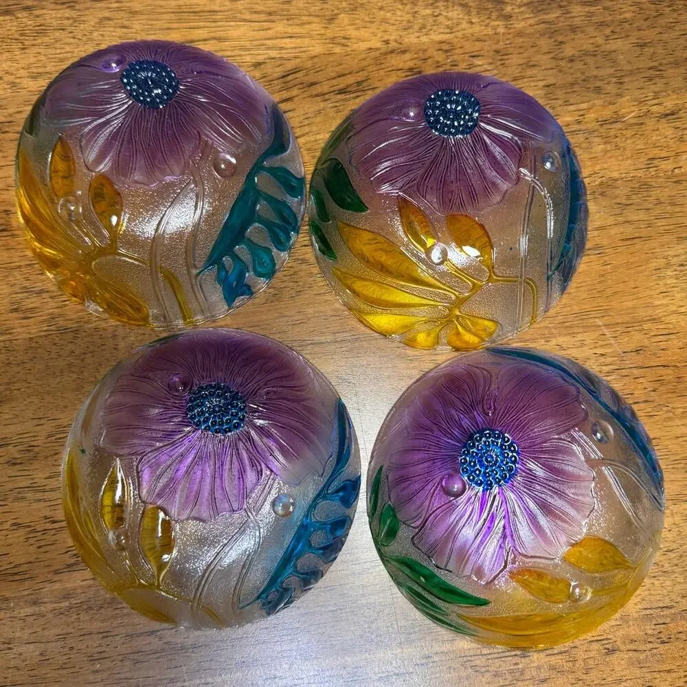 Vintage Indonesian Glass Bowls Hand Painted Set of 4 2 1/4" Tall 6 1/2" Across - Picture 7 of 7